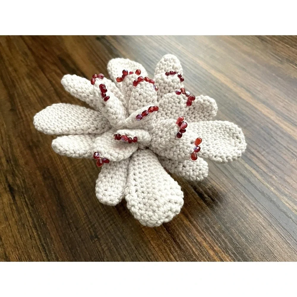 Handmade Succulent with Red Beads Crochet Blooming Cactus Cream Office Decor